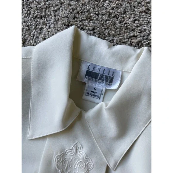 Vintage Leslie Fay Embroidered shirt Blouse off white Career Long‎ Sleeve Top - Picture 6 of 11